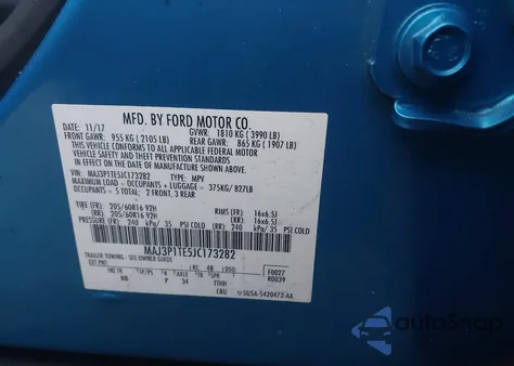 2018 Ford Ecosport Se из США, поврежденный, VIN MAJ3P1TE5JC173282